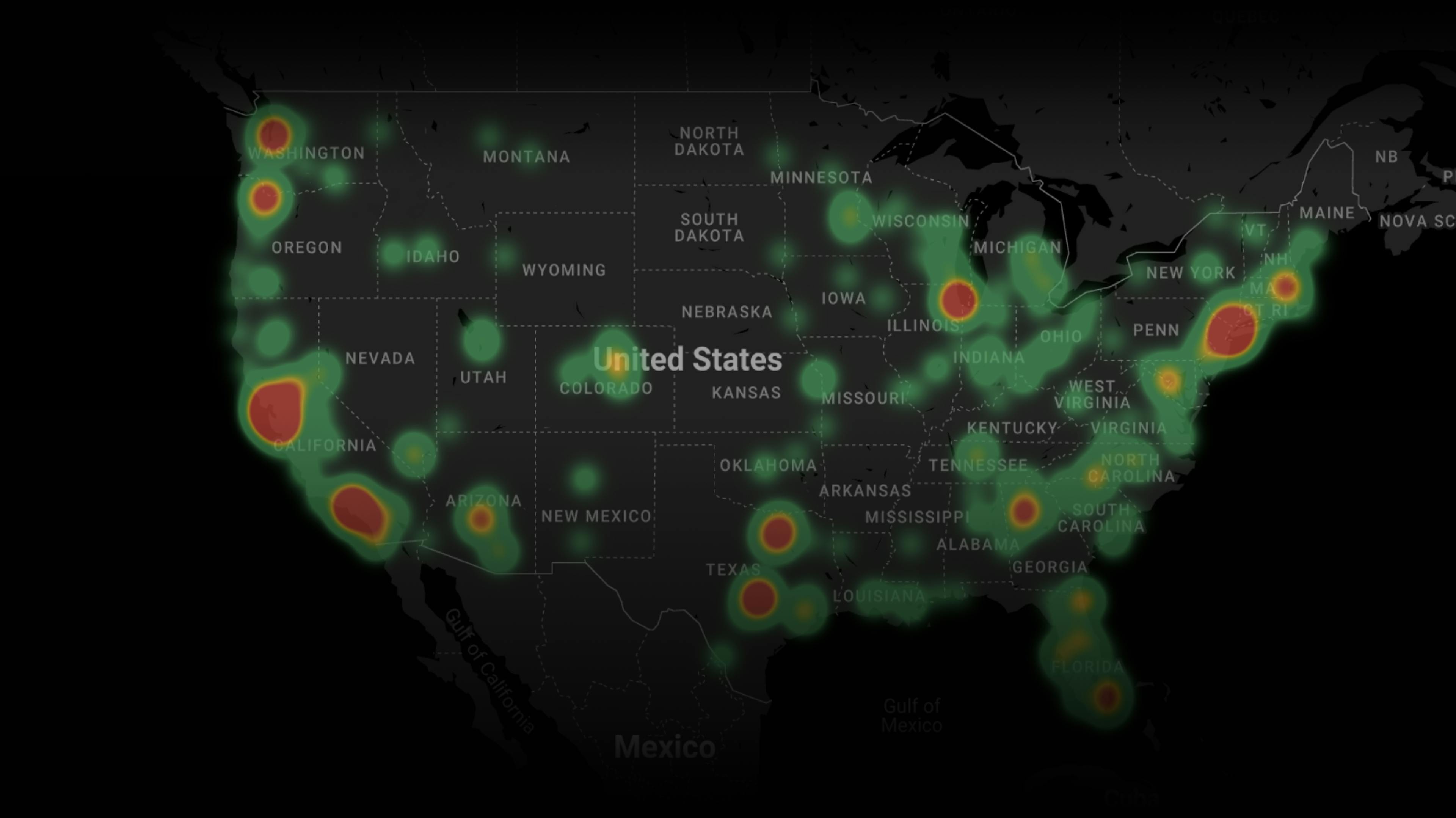 Heat map of the US with the most guest from urban centers